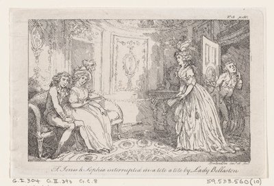 Tom Jones & Sophia onderbroken in een tête-à-tête door Lady Bellaston door Thomas Rowlandson