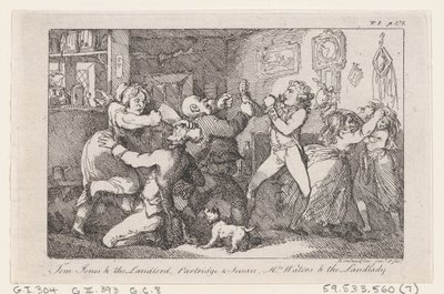 Tom Jones & de Herbergier, Partridge & Susan, Mrs Waters & de Herbergierster, uit The History door Thomas Rowlandson