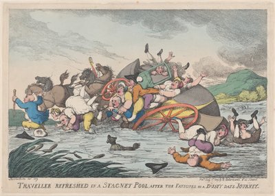 Reiziger verfrist in een stilstaand zwembad, na de vermoeienissen van een stoffige... door Thomas Rowlandson