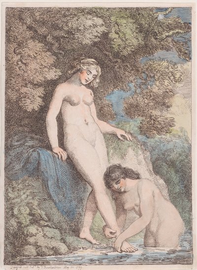 Twee nimfen badend, een wast de voet van de ander, 20 mei 1799 door Thomas Rowlandson