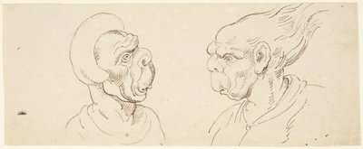 Twee karikaturen: mannenhoofden door Thomas Rowlandson