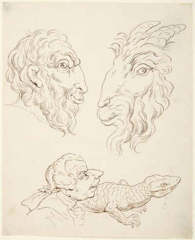 Twee karikaturen: man en geit, man en hagedis door Thomas Rowlandson