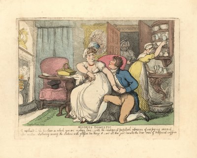 Twee geliefden in een salon gestoord door nieuwsgierige dienstmeisjes door Thomas Rowlandson