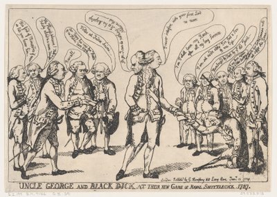 Oom George en Zwarte Dick bij hun nieuwe spel van marine-shuttlecock, 11 januari 1787 door Thomas Rowlandson