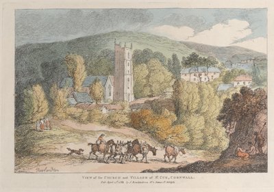 Uitzicht op de kerk en het dorp St. Cue, Cornwall, uit Zichten in Cornwall, A..., 12 april 1812 door Thomas Rowlandson