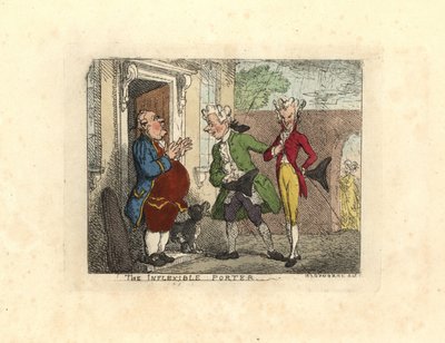 Bezoekende heren geweigerd toegang tot een huis door een bediende door Thomas Rowlandson