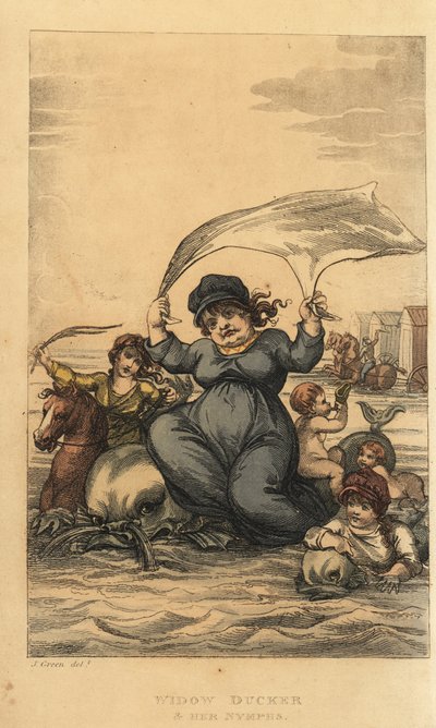 Weduwe Ducker en haar nimfen. Vrouwen en kinderen baden in de zee met dolfijnen en badmachines. Handgekleurde kopergravure door Thomas Rowlandson naar een schets van J. Green uit Poetical Sketches of Scarborough, Ackermann, Londen door Thomas Rowlandson