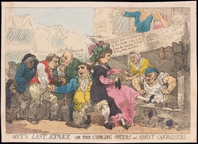 Wits laatste inzet, of de schoenmakerskiezers en onderdanige canvassers door Thomas Rowlandson