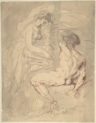 Vrouw in gesprek met een zittend mannelijk naakt door Thomas Rowlandson