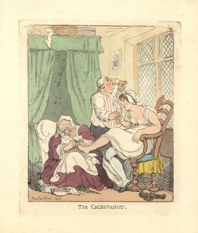 Vrouw die haar voeten pijnlijk laat behandelen door een pedicure door Thomas Rowlandson