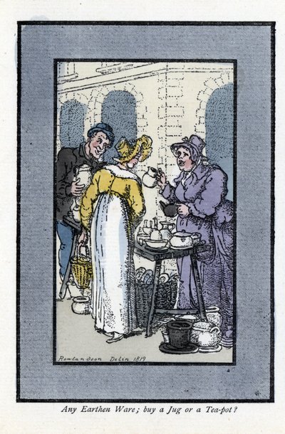 Vrouw die kruiken, theepotten en kommen verkoopt op een straathoek. Een elegante jonge vrouw bekijkt de goederen. Houtsnede, gebaseerd op een schilderij van Thomas Rowlandson, gepubliceerd in The Cris of London door Thomas Rowlandson