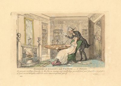 Vrouw slaapt aan een bureau terwijl een man haar geheime gedachten leest door Thomas Rowlandson