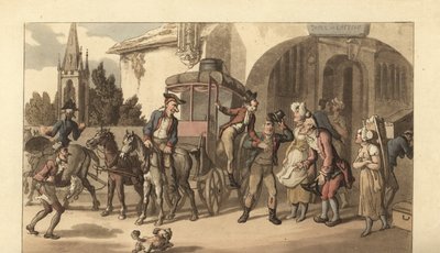 Jonge Engelse heer die aankomt bij een Franse postkoets door Thomas Rowlandson