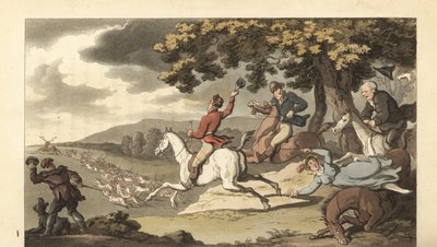 Jonge Engelse heer rijdt met honden tijdens een hertenjacht door Thomas Rowlandson