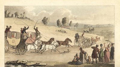 Jonge Engelse heren die vierspan koetsen racen op een weg door Thomas Rowlandson