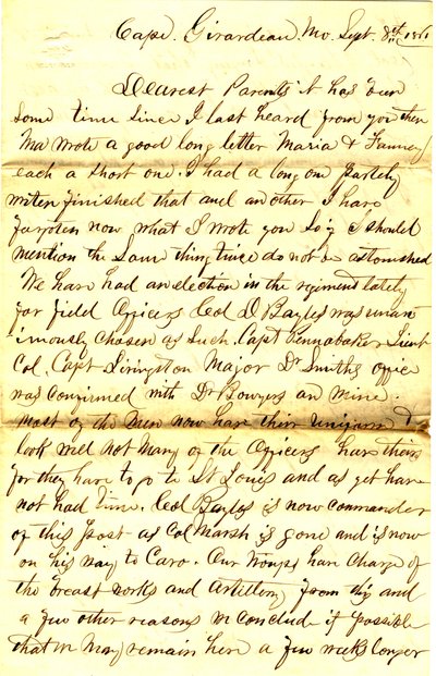 Brief ondertekend T.S. Hawley, Cape Girardeau, Missouri, aan ouders, 8 september 1861 door Thomas S. Hawley