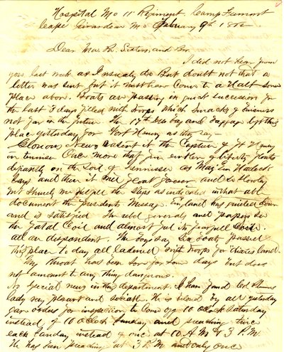 Brief ondertekend door T.S. Hawley, Ziekenhuis 11e Missouri Infanterie, Kamp Fremont, Cape Girardeau, aan familie, 9 februari 1862 door Thomas S. Hawley
