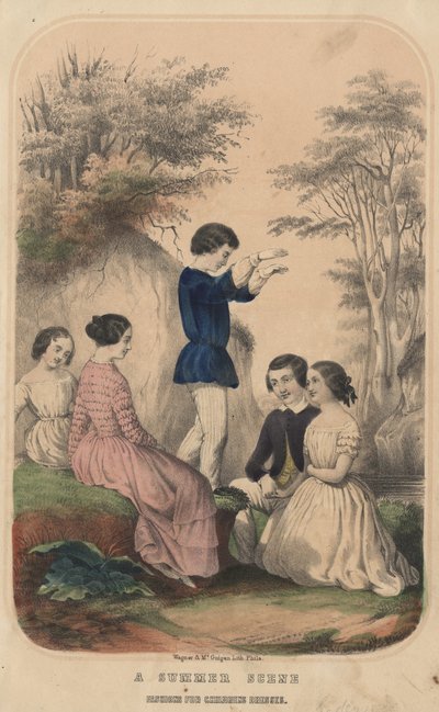 Een Zomers Tafereel, Mode voor Kinderjurken, litho door Wagner und McGuigan, 1850 door Thomas S. Wagner