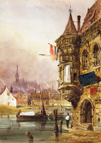 Een figuur naast een gebouw, Gent, met schuiten op de rivier de Leie, 1833 door Thomas Shotter Boys