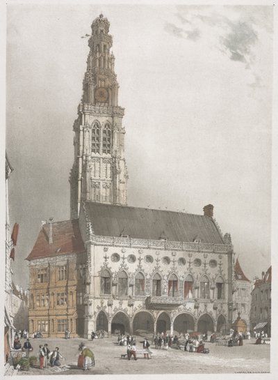 Pittoreske architectuur in Parijs, Gent, Antwerpen, Rouen: Het stadhuis, Arras, Frankrijk door Thomas Shotter Boys