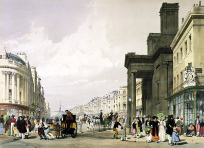 Regent Street richting de Quadrant met Hanover Chapel op de voorgrond en winkelend publiek, 1842 door Thomas Shotter Boys
