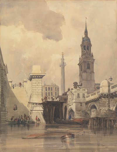 De Kerk van St. Magnus de Martelaar, London Bridge, met het Monument op de Achtergrond door Thomas Shotter Boys