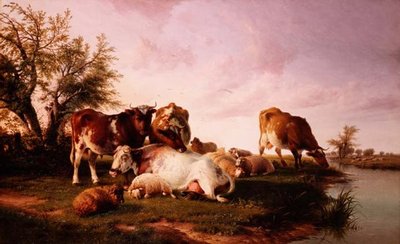 Schapen en vee grazend bij een rivier door Thomas Sidney (after) Cooper