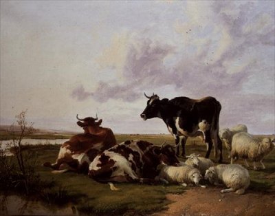 Runderen en schapen aan het grazen door Thomas Sidney Cooper