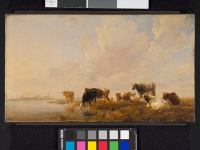Vee bij een rivier door Thomas Sidney Cooper