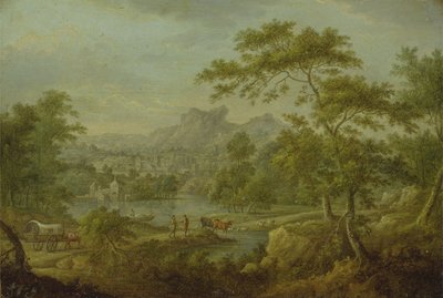 Een Imaginaire Landschap met een Wagen en een Verafgelegen Uitzicht op een Stad door Thomas Smith of Derby