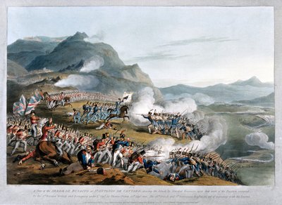 Een uitzicht op de Sierra de Busaco bij St. Antonio de Cantaro, met de aanval door maarschalk Reigniers, gegraveerd door Charles Turner, gepubliceerd 1812 door Thomas Staunton St. Clair
