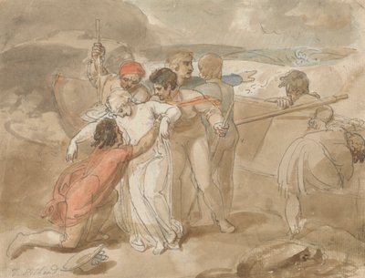 Een Vrouw Gered uit de Zee en Aan Wal Geholpen, Roeiboot en Redders op de Achtergrond door Thomas Stothard