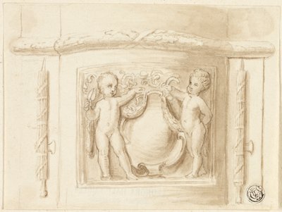 Basis van Pilaster met Reliëf, met 2 Putti, Schild door Thomas Stothard