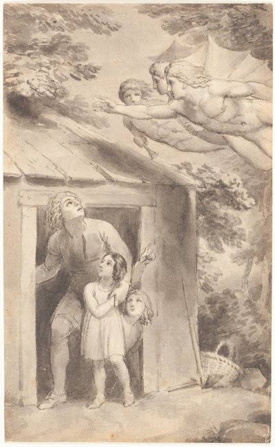 Peter en zijn kinderen bezocht door drie vliegende figuren door Thomas Stothard