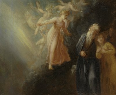 Prospero, Miranda en Ariel, uit "De Storm," Acte I, scène ii door Thomas Stothard