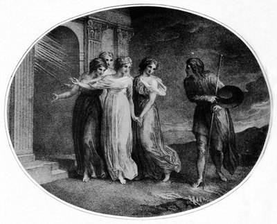 Voorzichtigheid, Vroomheid, Liefdadigheid en Discretie nodigen Christian uit in het Paleis Mooi, 1789 door Thomas Stothard