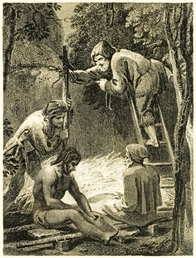 Robinson Crusoe en Vrijdag maken een tent om Vrijdag