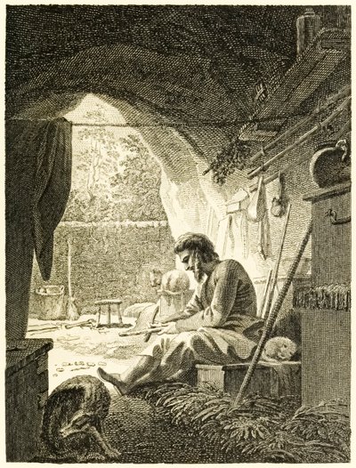Robinson Crusoe aan het werk in zijn grot uit 