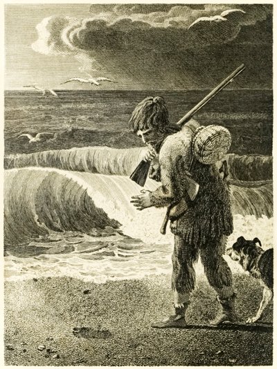 Robinson Crusoe ontdekt de afdruk van een voet uit 