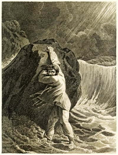 Robinson Crusoe schipbreukeling en vastklampend aan een rots uit 