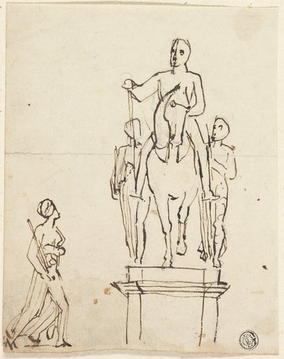 Beeldhouwwerk van ruiter vergezeld door twee staande figuren, met schets van een van de laatsten door Thomas Stothard