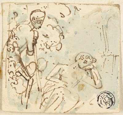 Schets van man leunend op staf, kijkend naar slapende vrouw door Thomas Stothard
