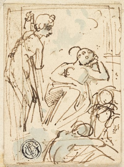 Schets van een man leunend op een staf, kijkend naar een slapende vrouw door Thomas Stothard