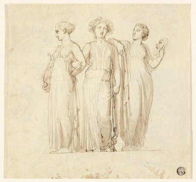 Drie Muzen (recto); Studie van Ridder en Monnik voor een Illustratie in een Gotische Roman (verso) door Thomas Stothard