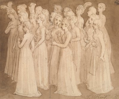 Twintig Jonge Meisjes in een Groep die naar Links Lopen door Thomas Stothard