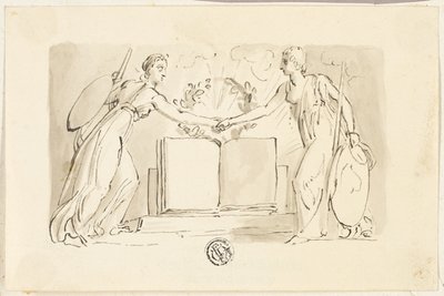 Twee allegorische vrouwelijke figuren die handen schudden voor een boek door Thomas Stothard