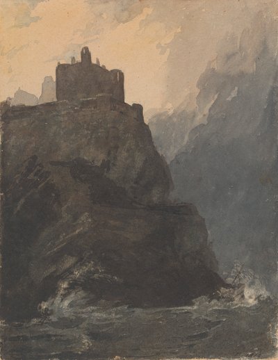 Kasteel op klif, met een stormachtige zee en schipbreuk aan de voet van de klif door Thomas Sully