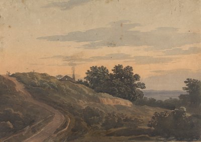 Heuvelachtig landschap met huis, pad en figuren door Thomas Sully