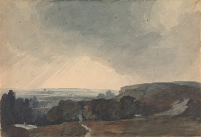 Landschapsscene vanaf heuveltop, kijkend in zonovergoten vallei door Thomas Sully