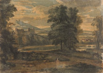 Landschap met bergen, kasteel, bomen en meer door Thomas Sully